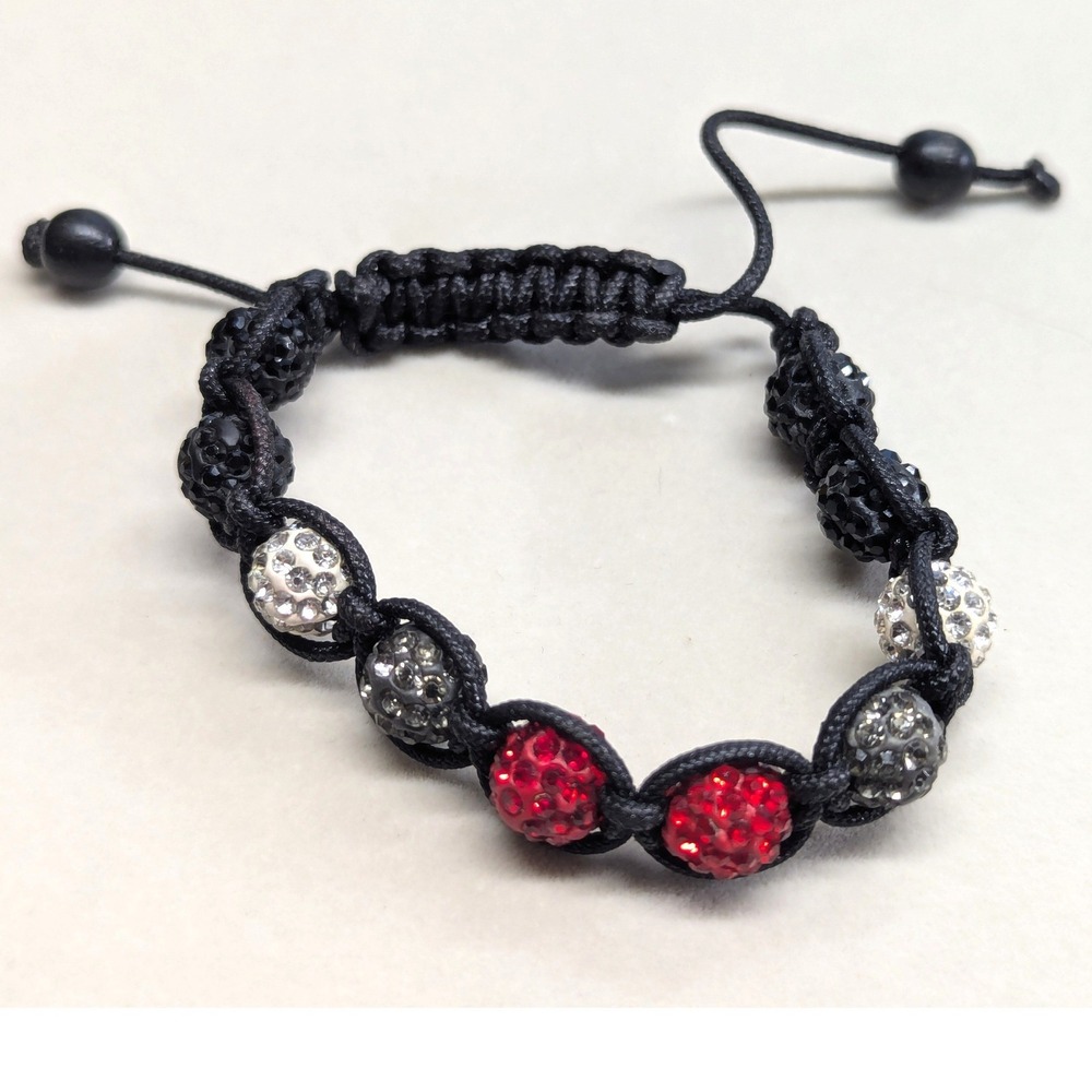 New Shamballa Beaded Bracelet Black Red Silver Pave Crystal Beads Macrame Cord